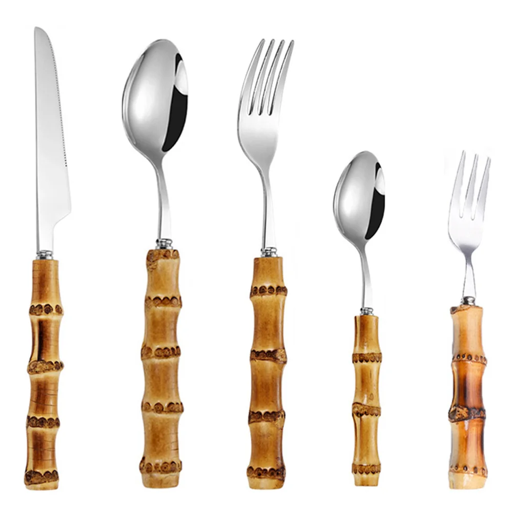 Bamboo Cutlery Set Western Flatware Dinnerware Steak Stainless Steel Kitchen Supplies Portable Travel Serving Utensils