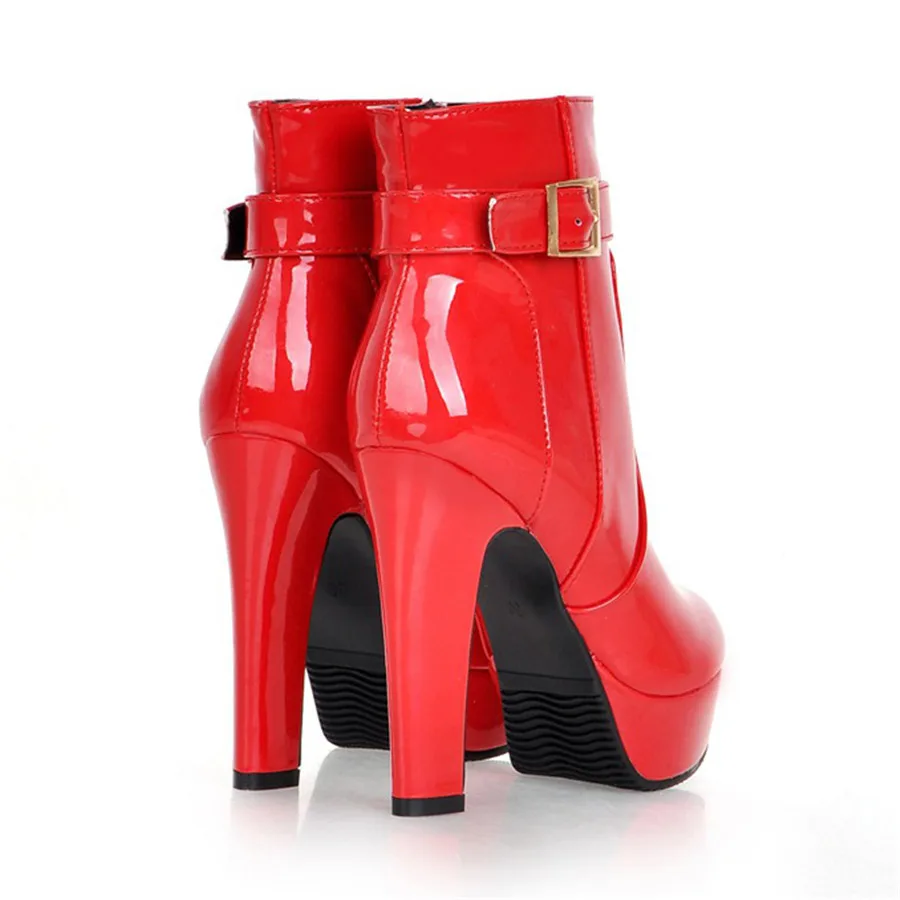 Winter Women Plush Platform Ankle Boots High Chunky Heels Red Black Patent Leather Office Ladies Punk Buckle Zipper Short Boots