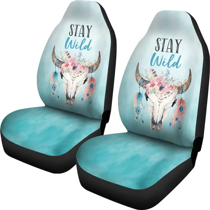 Stay Wild Car Seat Covers Set Boho Bull Cow Skull Turquoise Teal Ombre Watercolor Art Bohemian Tribal Ethnic Watercolor