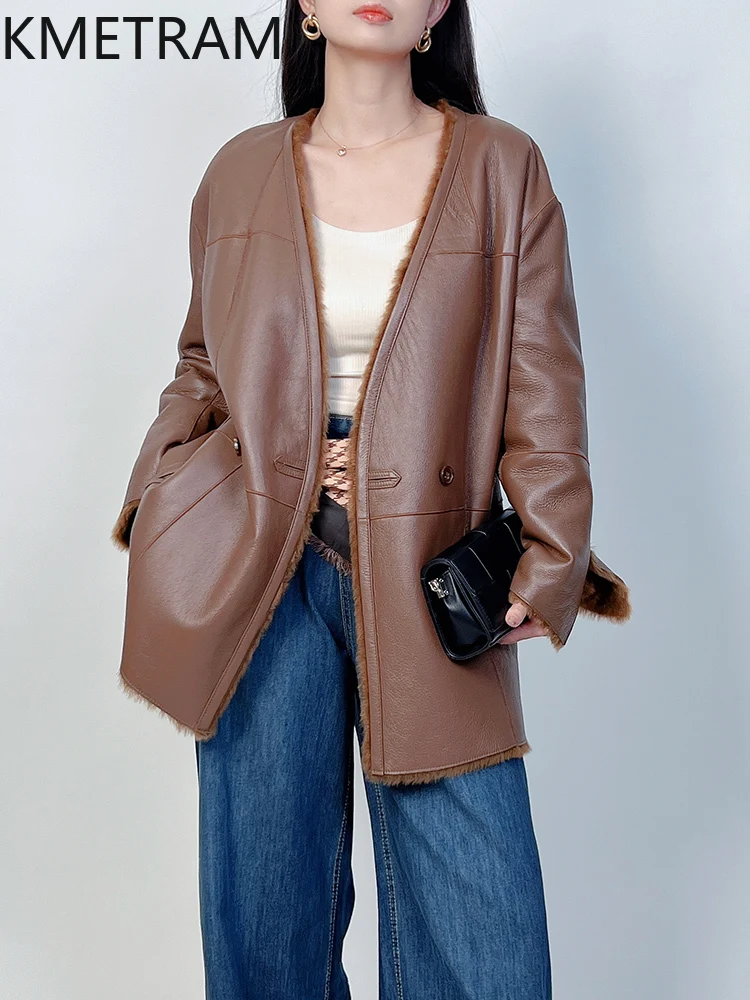 Naturale Lagun Lana Pelle di Pecora Double Face Giacca di Pelliccia Delle Donne Nuovo Marrone Con Scollo A V Reversibile Cappotto di Pelliccia Reale Inverno Donna Abbigliamento 2025