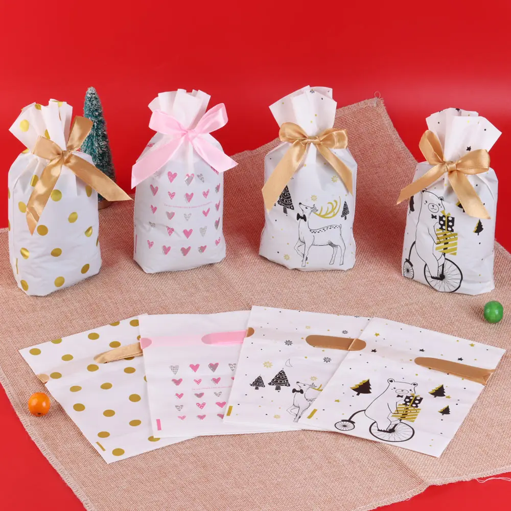 10/25pcs Heart Point Pattern Candy Packaging Bags Plastic Gifts Bag Party Wedding Christmas Bow Silk Candy Drawstring Pouches