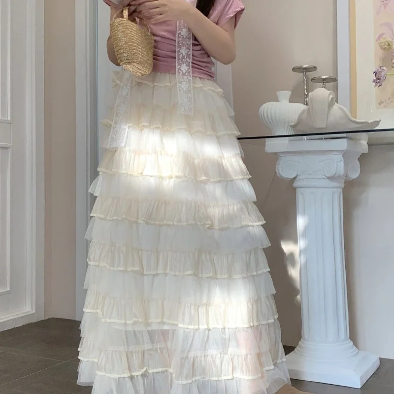 Ballet Mesh Puffy Cake Skirt Women's Summer High Waist Slimming Half-length Beautiful Long Skirt Casual Style Polyester Fabric
