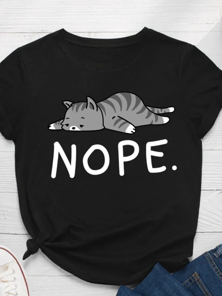 

Одежда больших размеров Camisetas Mujer Nope Cat Print Женская футболка с коротким рукавом и круглым вырезом Свободная женская футболка Женская футболка Топы