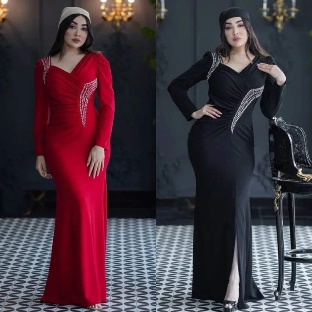 

Индивидуальные современные стильные вечерние трикотажные платья со стразами и рюшами Русалка с квадратным вырезом Длинные платья на заказ Высокое качество