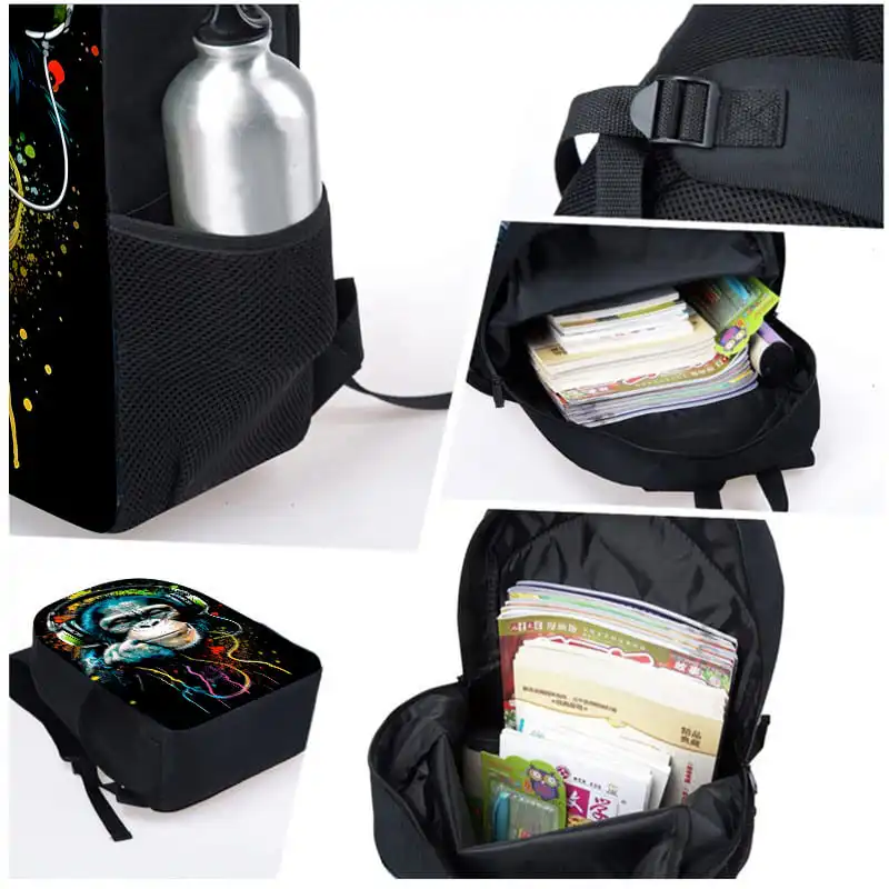 The Gorilla Wearing Headphones Three Piece Set Backpacks For Boy And Girls Best Gifts 2D Cartoon School Backpack For Children