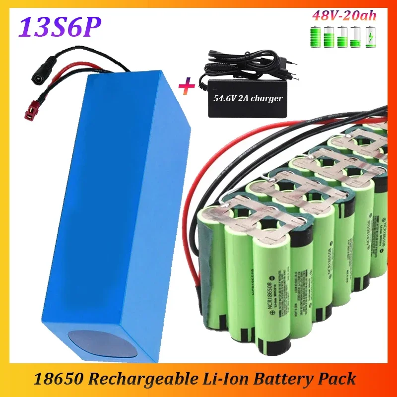 New 20Ah 48V 13S6P 18650 Li-ion Battery Pack 20AH 2000W Built-in 50A BMS for Electric Bicycle Electric Scooter +54.6V 2A Charger