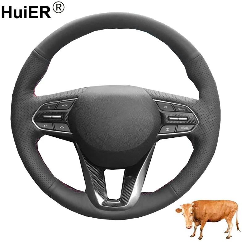 

Hand Sewing Car Steering Wheel Cover Wrap Cow Leather For Hyundai Santa Fe 2019 - 2023 Palisade 2020 - 2022 Braid Funda Volante