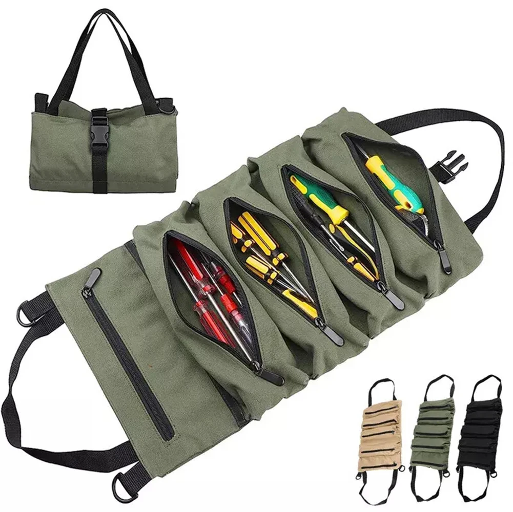 Multi-Purpose Roll Up Tool Bag Wrench Pouch Canvas Hanging Organizer Bucket With 5 Pocket Multi-Purpose Wrap Roll Storage Case