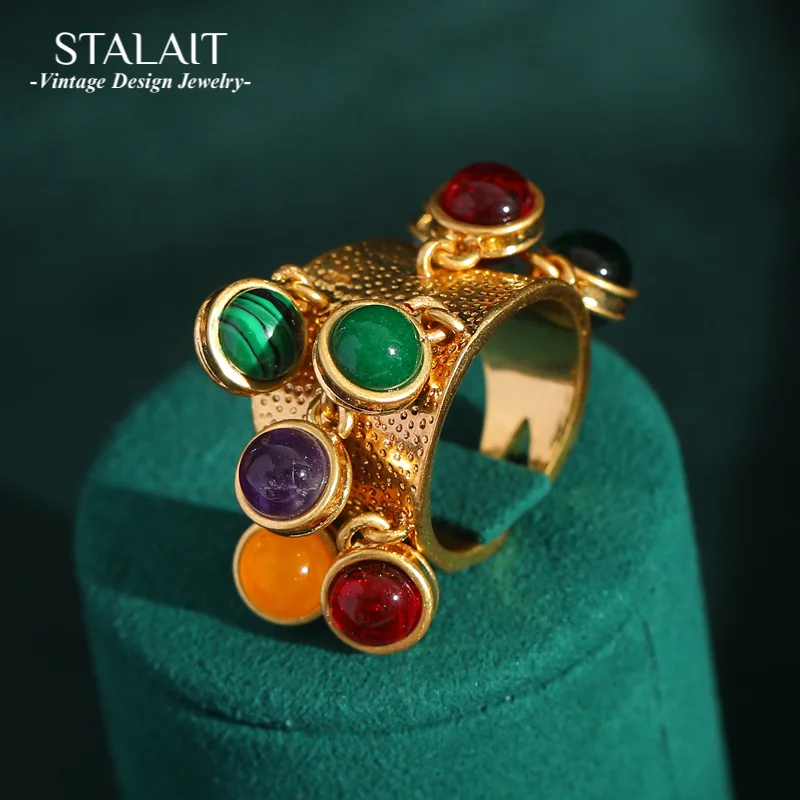 

Vintage Colorful Bead Pendant Rings Rainbow Color Stone for Woman Natural Stone Crystal Gold Color Wedding Open Jewelry 2024