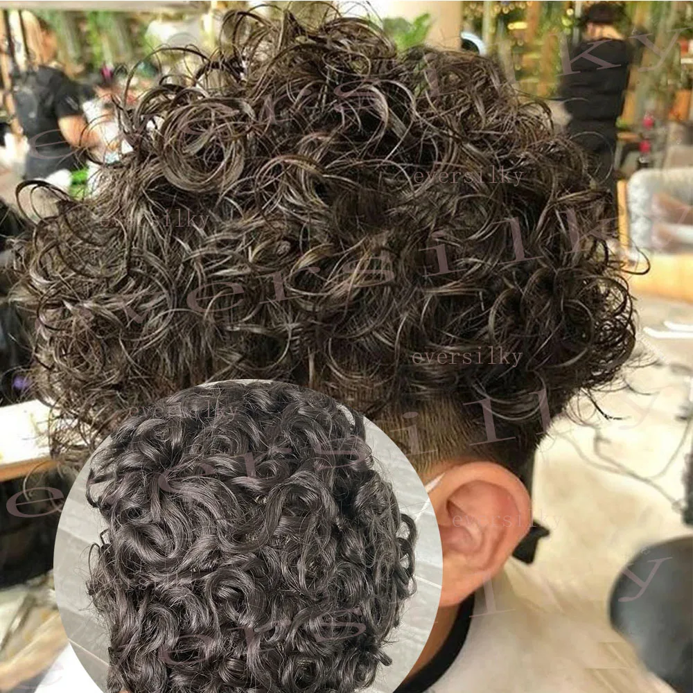 

20mm Curly Men Wig Super Durable Full Thin Skin PU Injection Microskin Toupee Capillary Prosthesis 100% Human Hair Cheap System