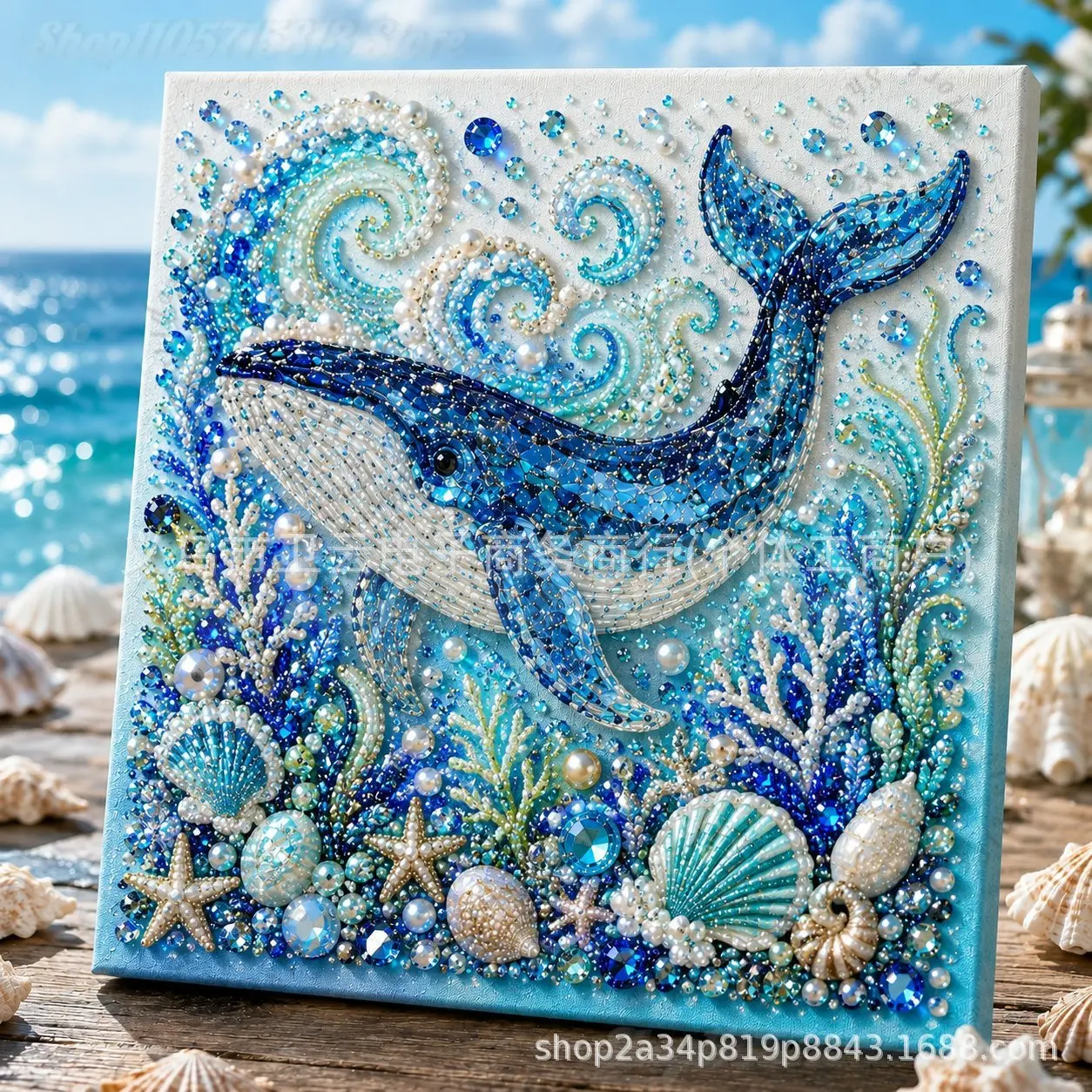 Ocean Marine Animal Pearl Bead Embroidery DIY Kit Whale Turtle Dolphin Underwater Bead Painting Coastal Nautical Home Decor Set