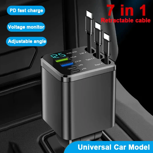 

Выдвижное автомобильное зарядное устройство 7 в 1, автомобильное зарядное устройство для быстрой зарядки, выдвижной кабель USB Type C, многопортовый адаптер для автомобильного зарядного устройства, совместимый