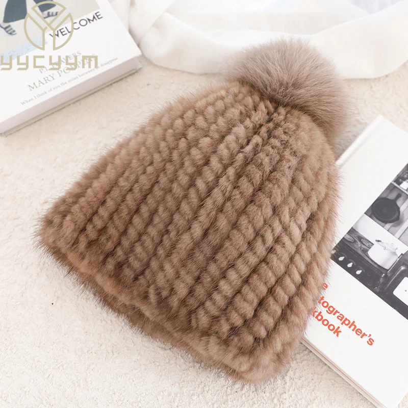 Real Mink Fur Hat For Women New Brand Thicken Female Fur Caps Ladies Winter Knitted Mink Fur Beanies With Fox Fur Pompoms Hat