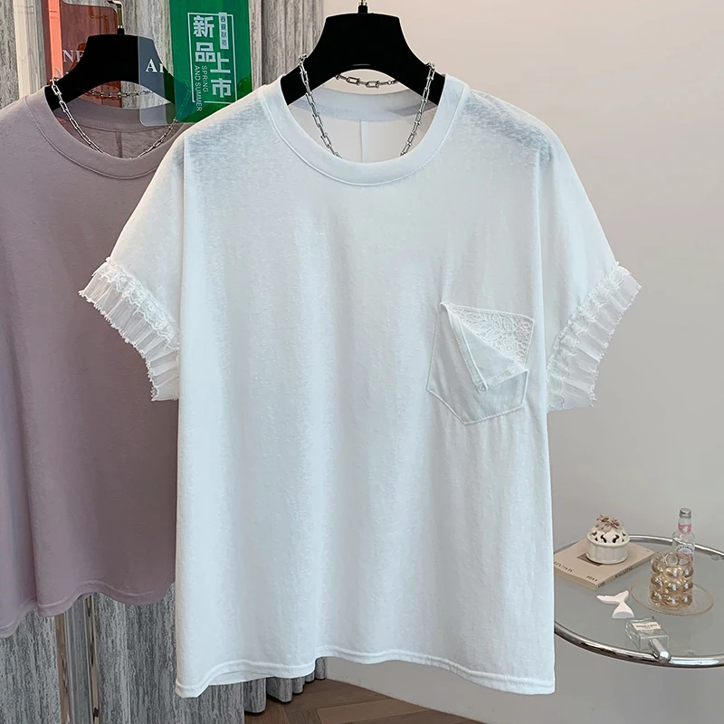 เสื้อยืดไซส์ใหญ่สำหรับฤดูร้อน ตกแต่งด้วยผ้าลูกไม้ ดีไซน์อเนกประสงค์ ผ้าคอตตอนผสม สวมใส่สบาย ทรงกลม สำหรับผู้หญิง