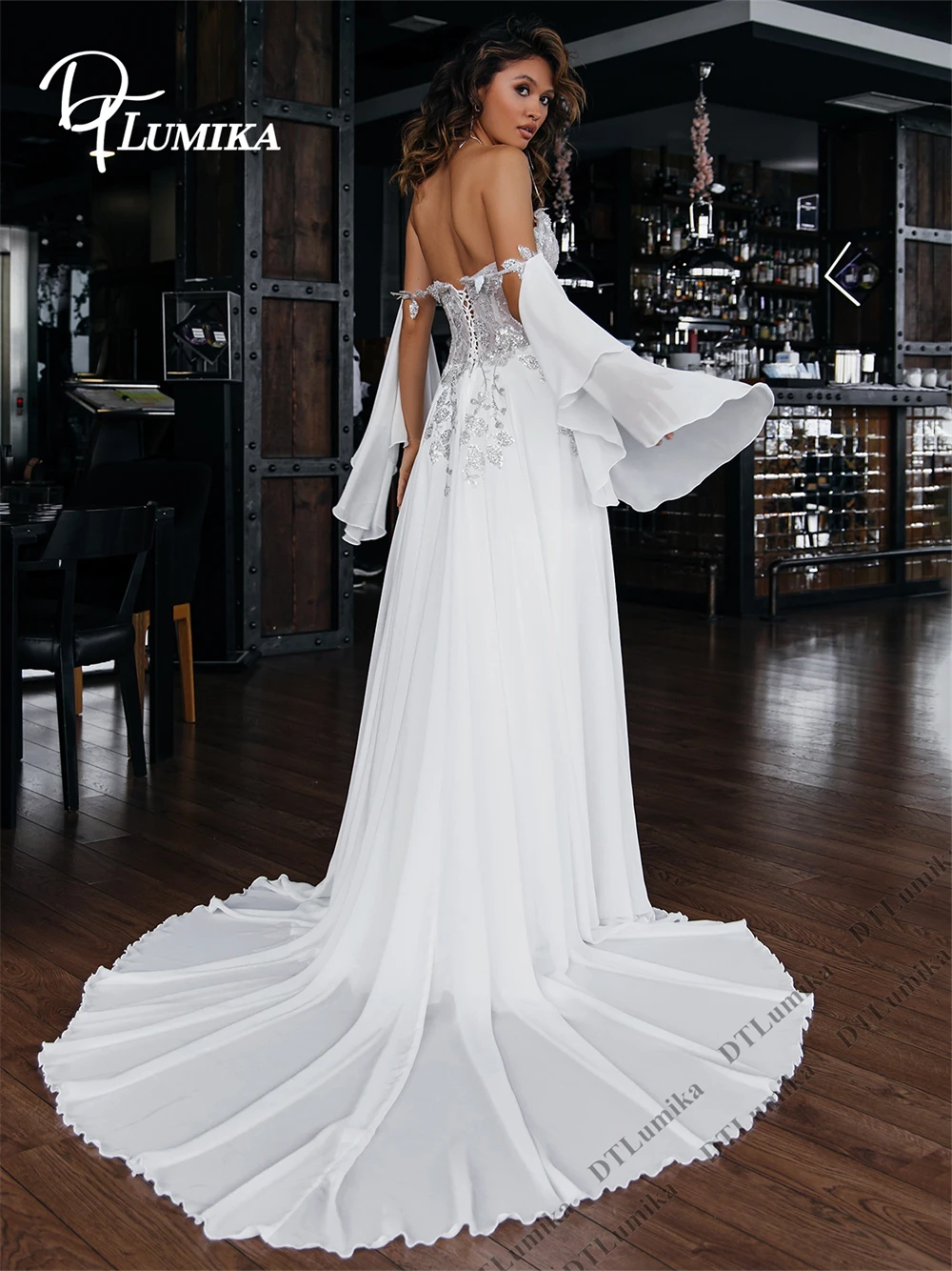 DTLumika Women's Bohemian Bride Dress with Off the Shoulder Flare Sleeves, Lace Long Chiffon Wedding Gowns, Customized Bridal