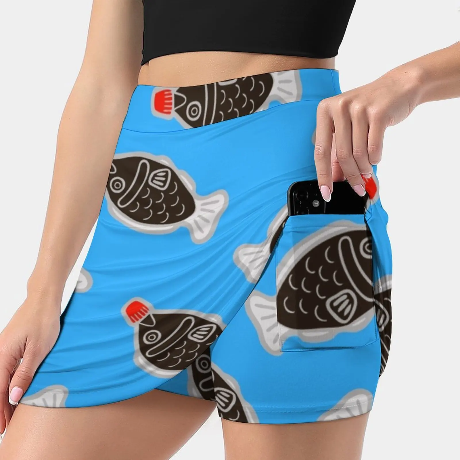 Sushi Soy Fish Pattern In Blue Tennis Golf Skirt Sexy A-Line Harajuku Shorts Skirt With Phone Pockets Skort Sushi Soy Sauce