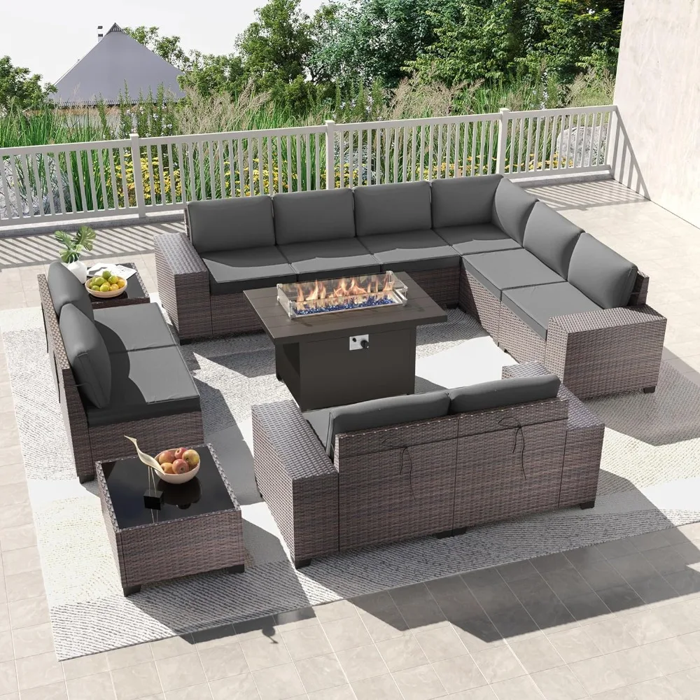 

13PCS Outdoor Patio Furniture Set with 43" 55000BTU Gas Propane Fire Pit Table, Grey