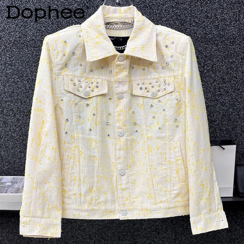 

High-end Denim Jacket Men's 2025 Autumn New Fashion Versatile Diamond Trendy Denim Coats Small Fragrant Chic Long-sleeve Jackets