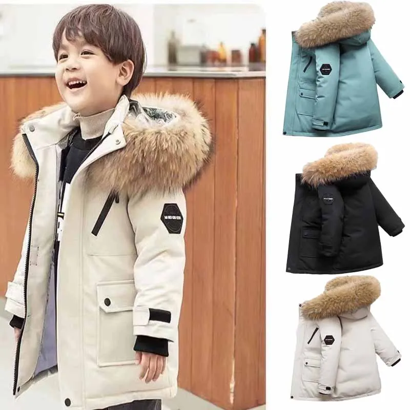 

-30℃ Winter Kids Jackets Padded Cotton Clothes Coats Boys Girls Thick Plus Velvet Warm Parka Hooded Outerwear Snowsuit 5-12Y