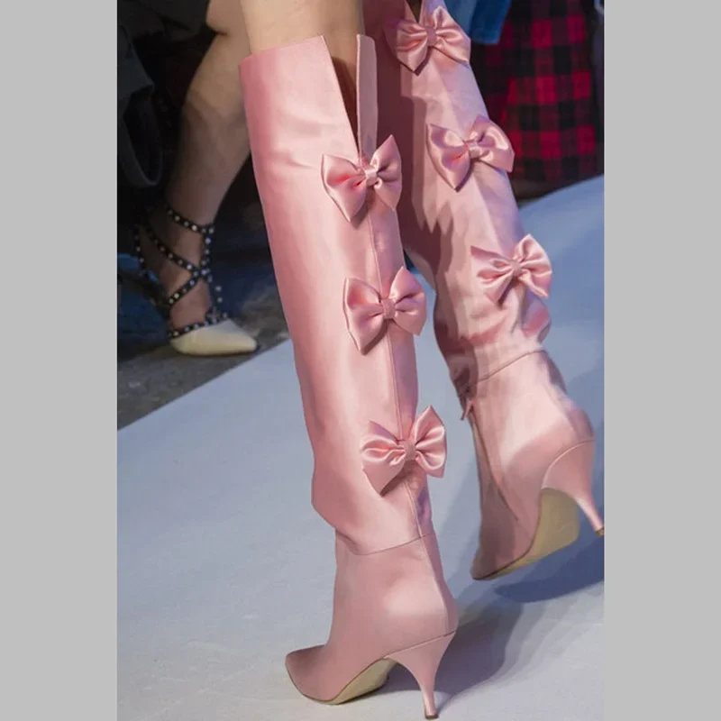 

Ladies Satin Bow Knee Boots Catwalk Kitten Heel Pointed Pink Green Blue Solid Color Boots Daily Footwear Large Size 34-43
