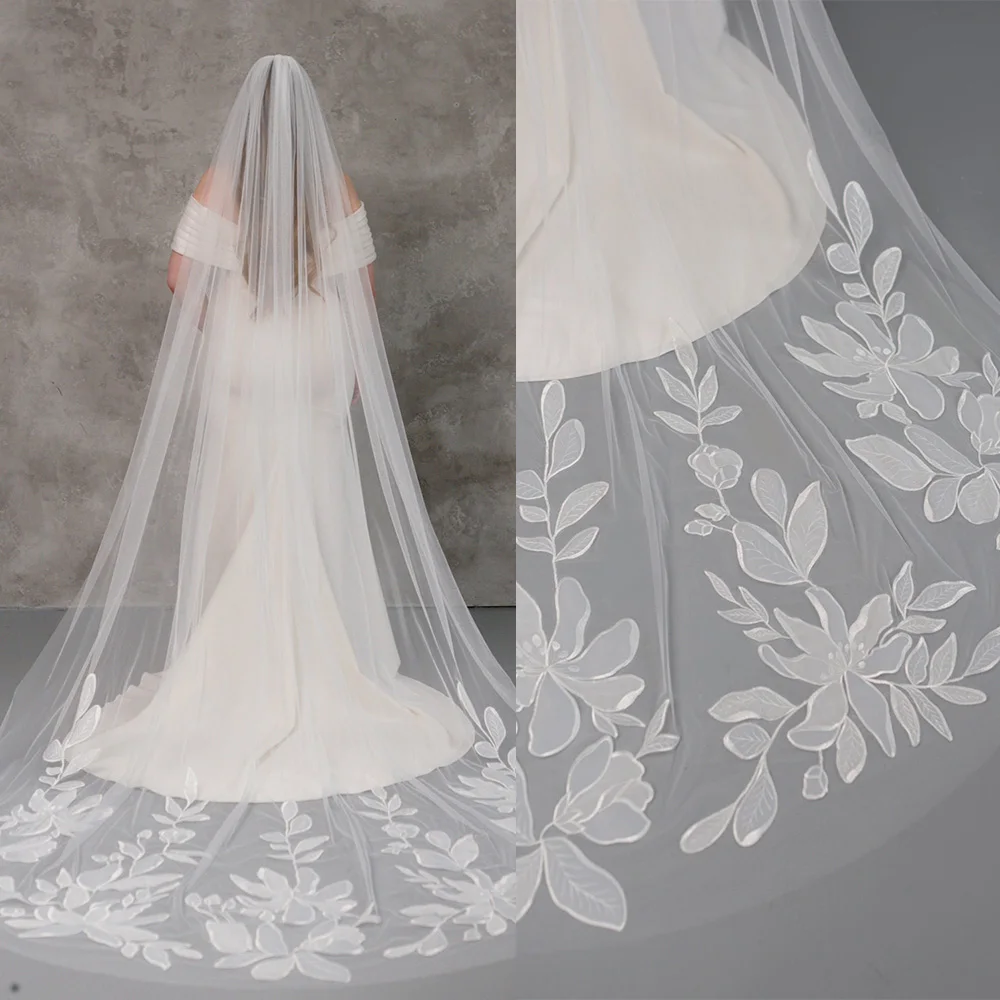 

Floral Lace Wedding Veils For Bride Cathedral Elegant 1 Tier Tulle With Comb White Ivory Customize Bridal Accessories 3M