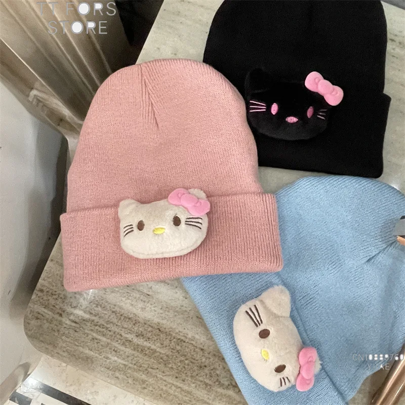 قبعة أطفال محبوكة مطرزة من Hello Kitty كارتونية أمريكية شعبية للخريف والشتاء قبعة دافئة للعطلات وهدية عيد الميلاد