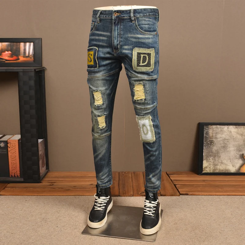 High Street Fashion Men Jeans Retro Washed Blue Stretch Slim Fit Ripped Jeans Men Patch Designer Hip Hop Denim Pants Hombre