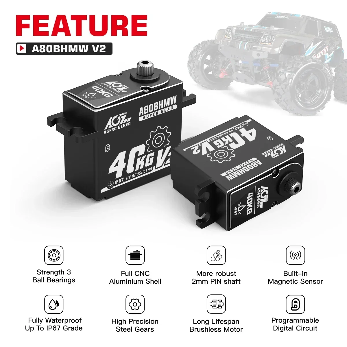 AGFRC A80BHMW V2 Steel Gears 40KG Programmable Waterproof BLS RC Steering Servo For 1/10 Scale Car Crawler Buggy Truck Off-Road