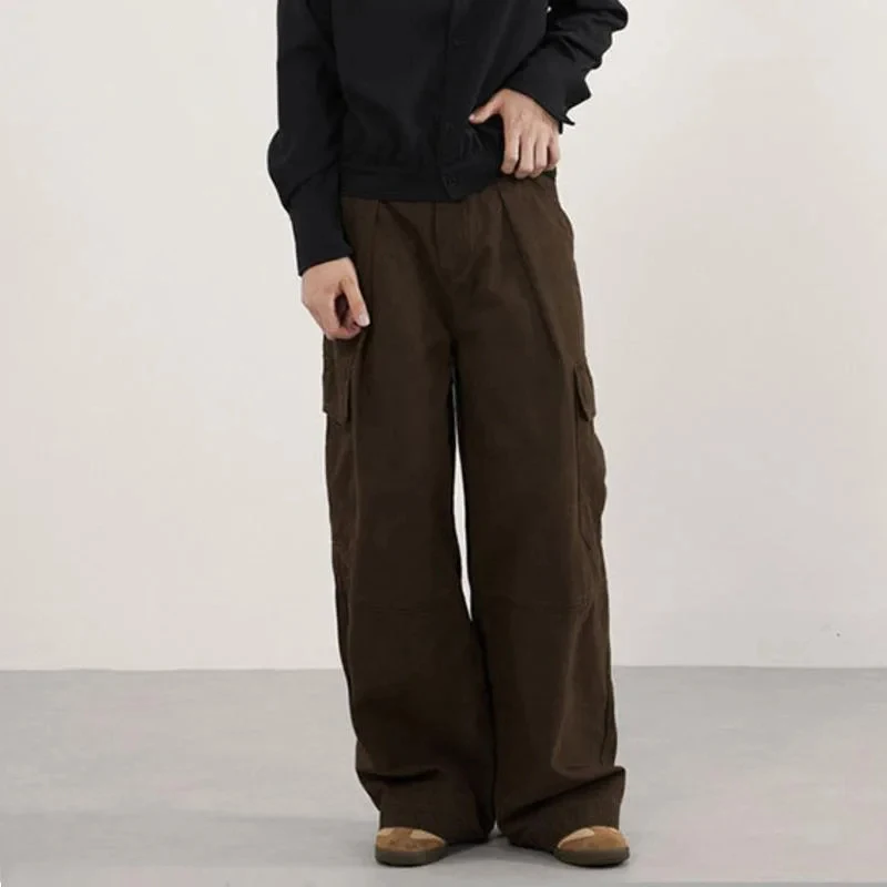 

Vintage Men's Cargo Pants Solid Color Multi Pockets Patchwork Pleated Wide Leg Loose All-match Male Trousers 2026 Spring Trendy