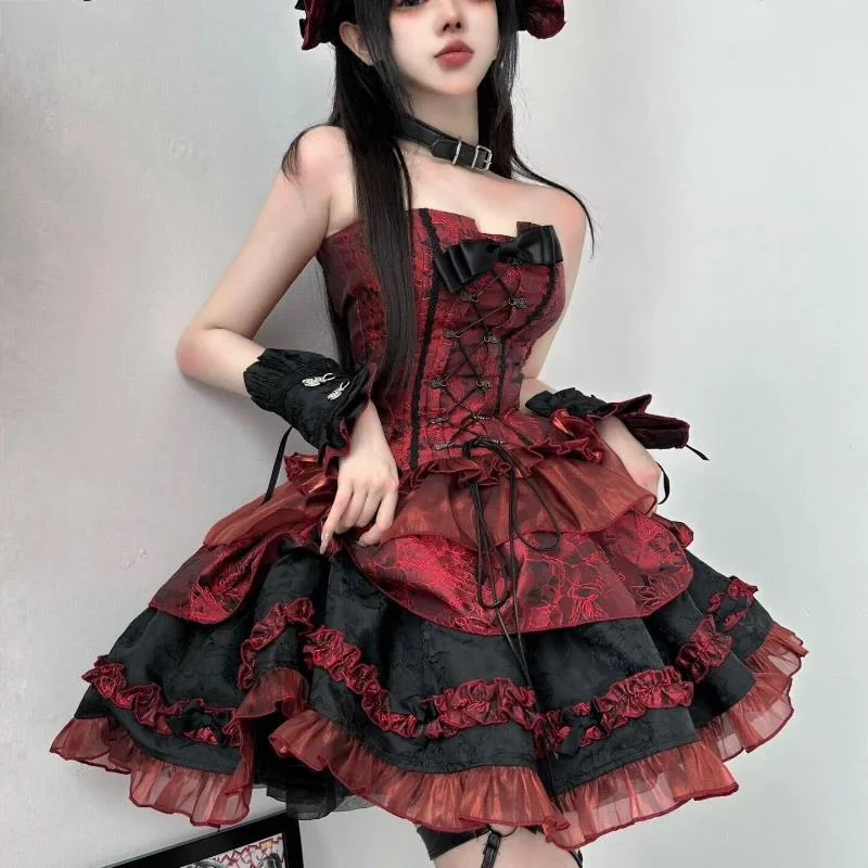 Victorian Gothic Lolita Dress Women Harajuku Y2k Lace Bow Evening Party Dresses Japanese Punk Style Slim Bandage Princess Dress