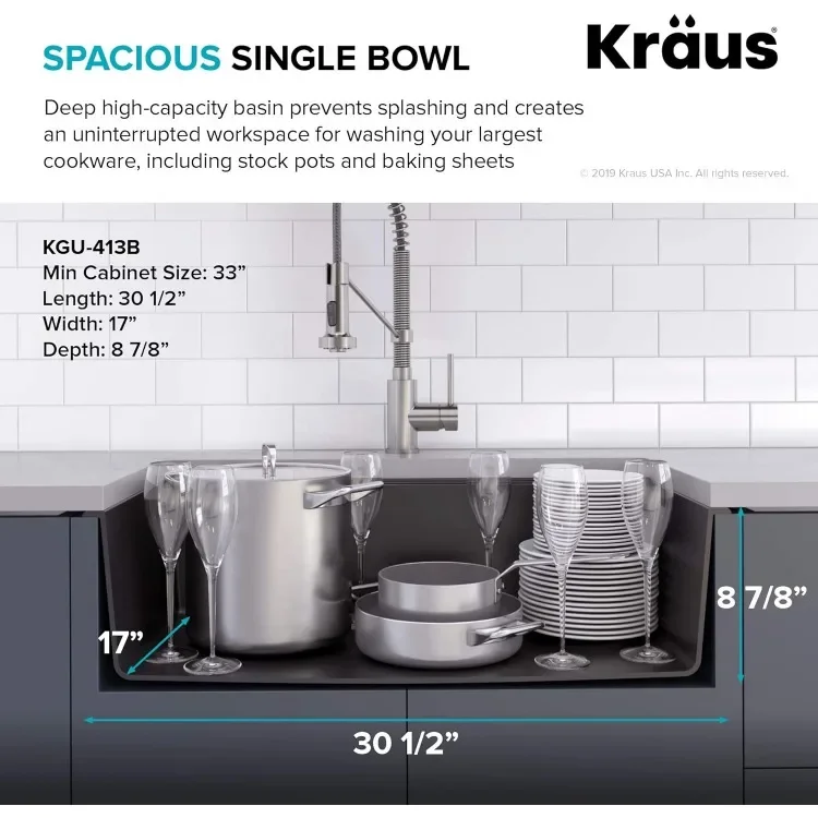 HOME KGU-413B حوض مطبخ جرانيت فردي، 31 بوصة، أسود