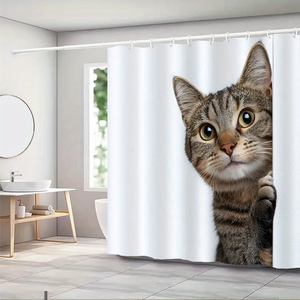 

Cute Cat Peeking Shower Curtain Waterproof Easy to Clean Privacy Protection Print Realistic Animal Design Adorable HooksIncluded