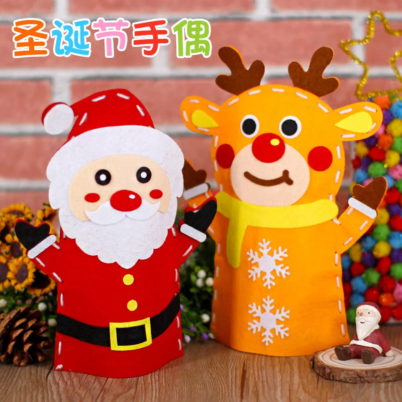 Children Cartoon DIY Hand Puppet Craft Toys Kindergarten Educational Non-Woven Handmade Paste Material Sewing Kit Kids Xmas Gift