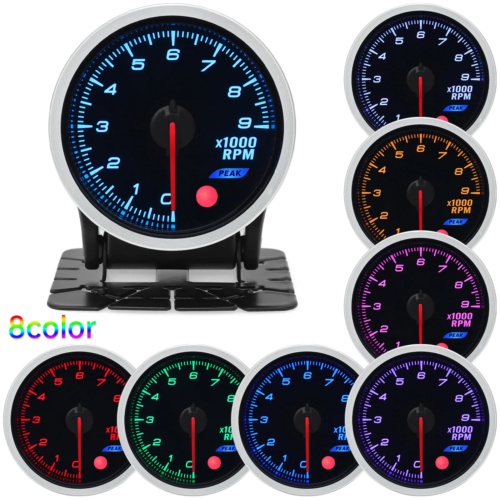 8 Color Backlight 52mm Tachometer 9000 RPM Meter Gauges Universal Accessories for 12V Car Gasoline Generator Speed Tachometer