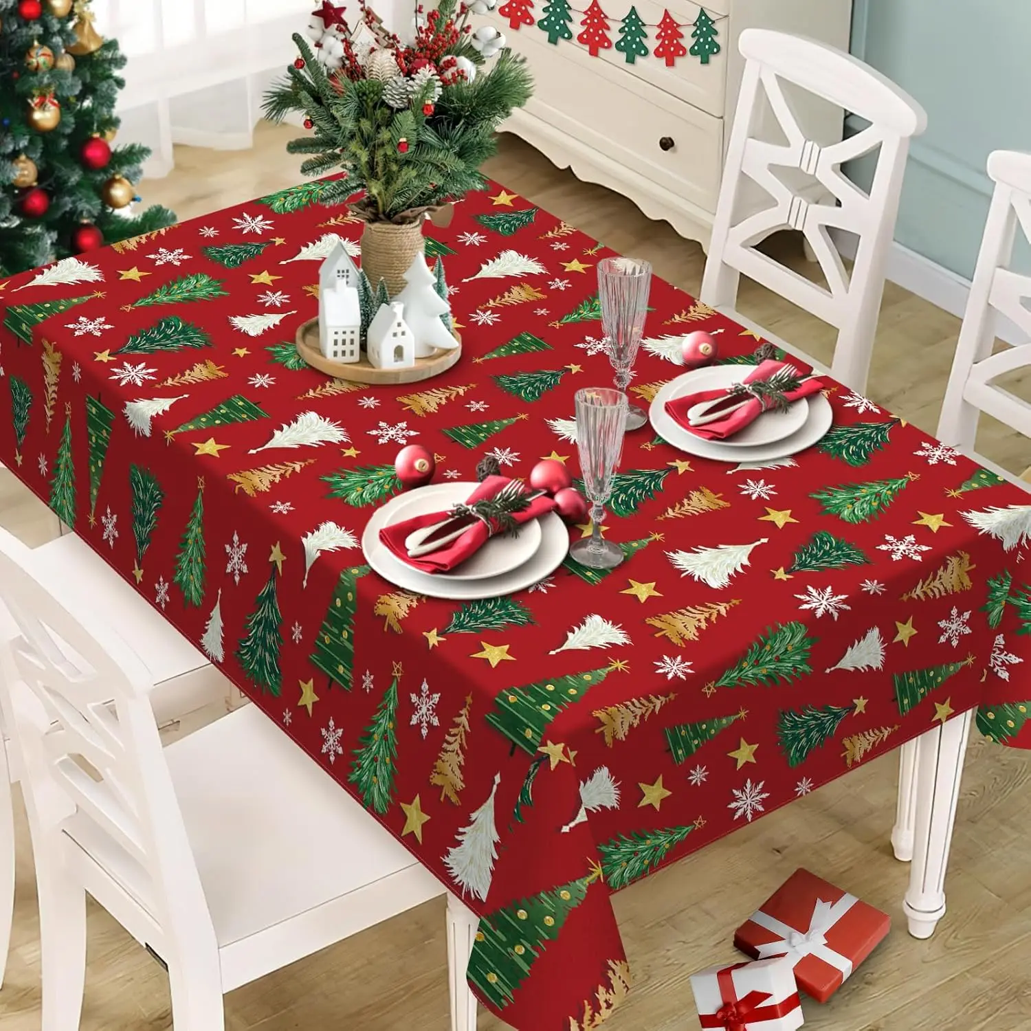 

Рождественская елка, красная прямоугольная скатерть, домашний декор для вечеринки, зимняя красочная рождественская сосна, обеденная скатерть, рождественские украшения