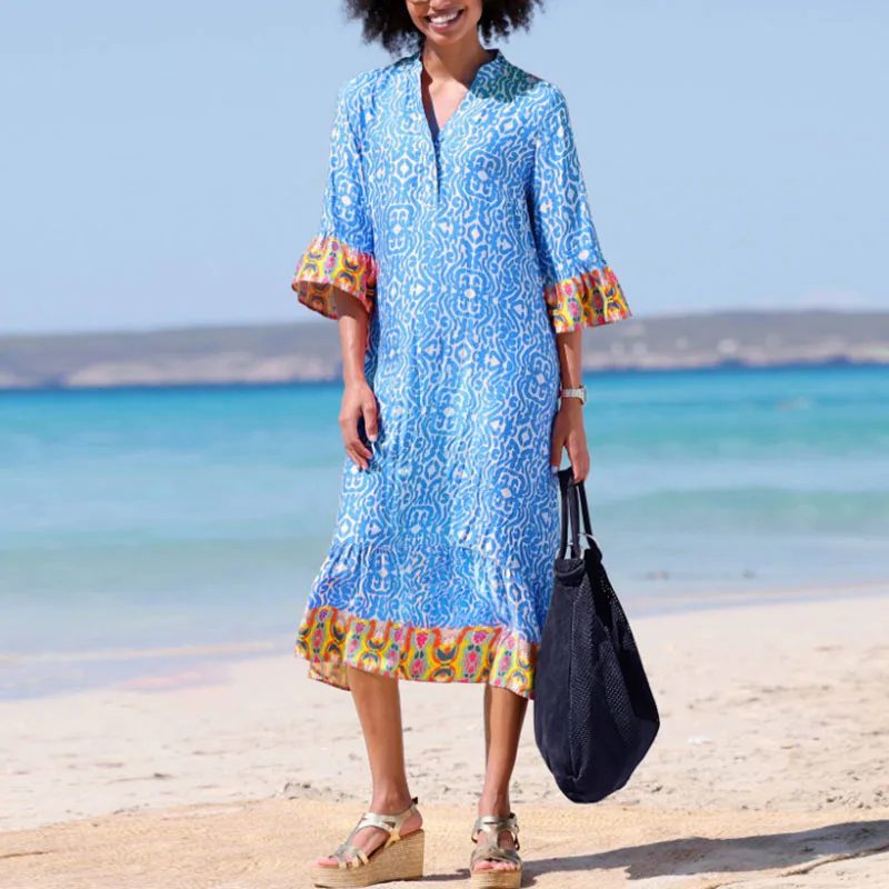 Neue Mode Damen V-Ausschnitt A-Linie Boho Kleider Sommer Vintage Muster Drucken Lose Kleid Casual Halbarm Patchwork Strandkleid