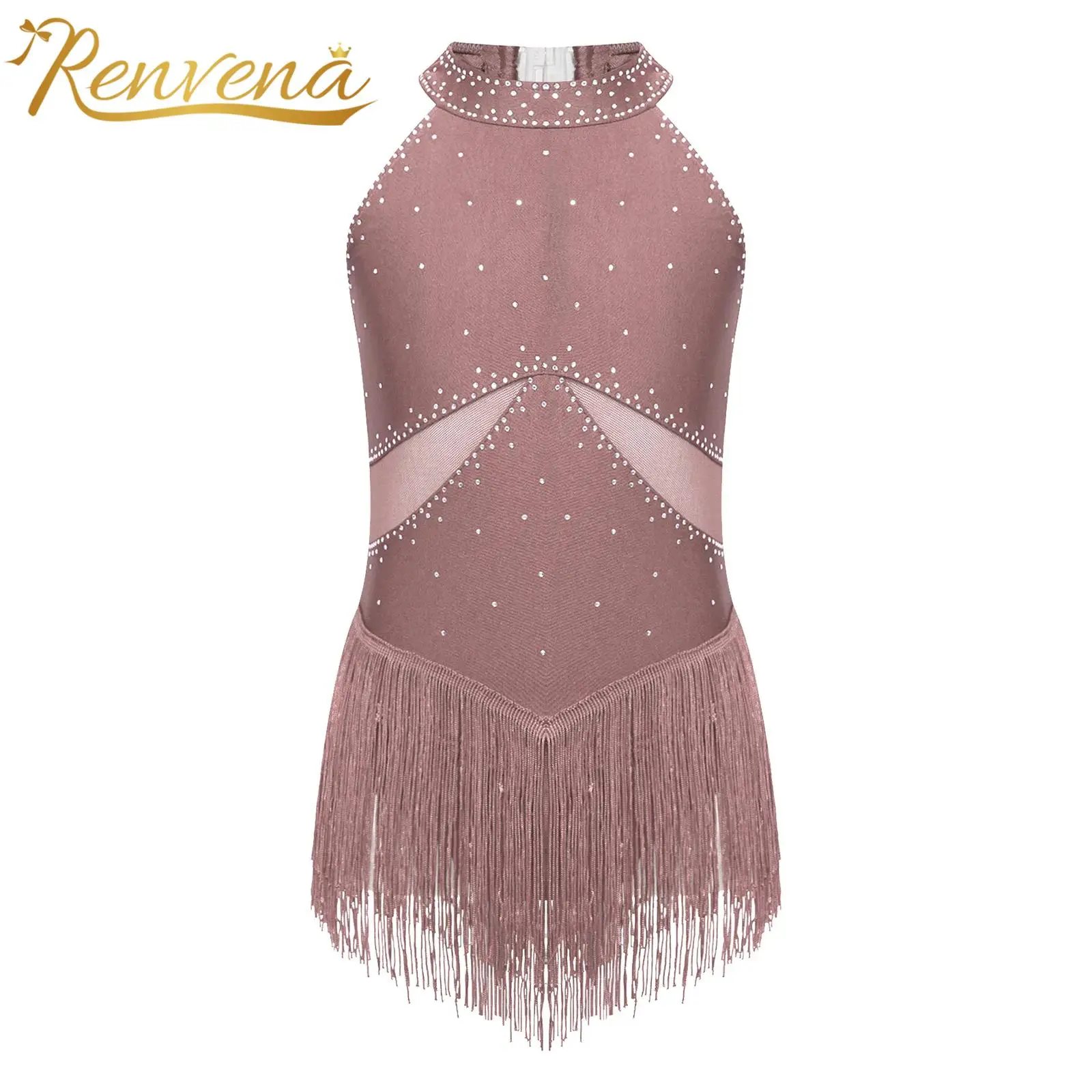 Kids Girls Fringed Leotard Figure Skating Dress Latin Dance Costume Tassel Bodysuit for Gymnastics Tango Cha-Cha Dancewear