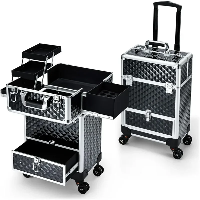 Rolling Makeup Case Cosmetic Travel Trolley Storage Sliding Drawer 4 Tray Makeup Travel Case with Wheels