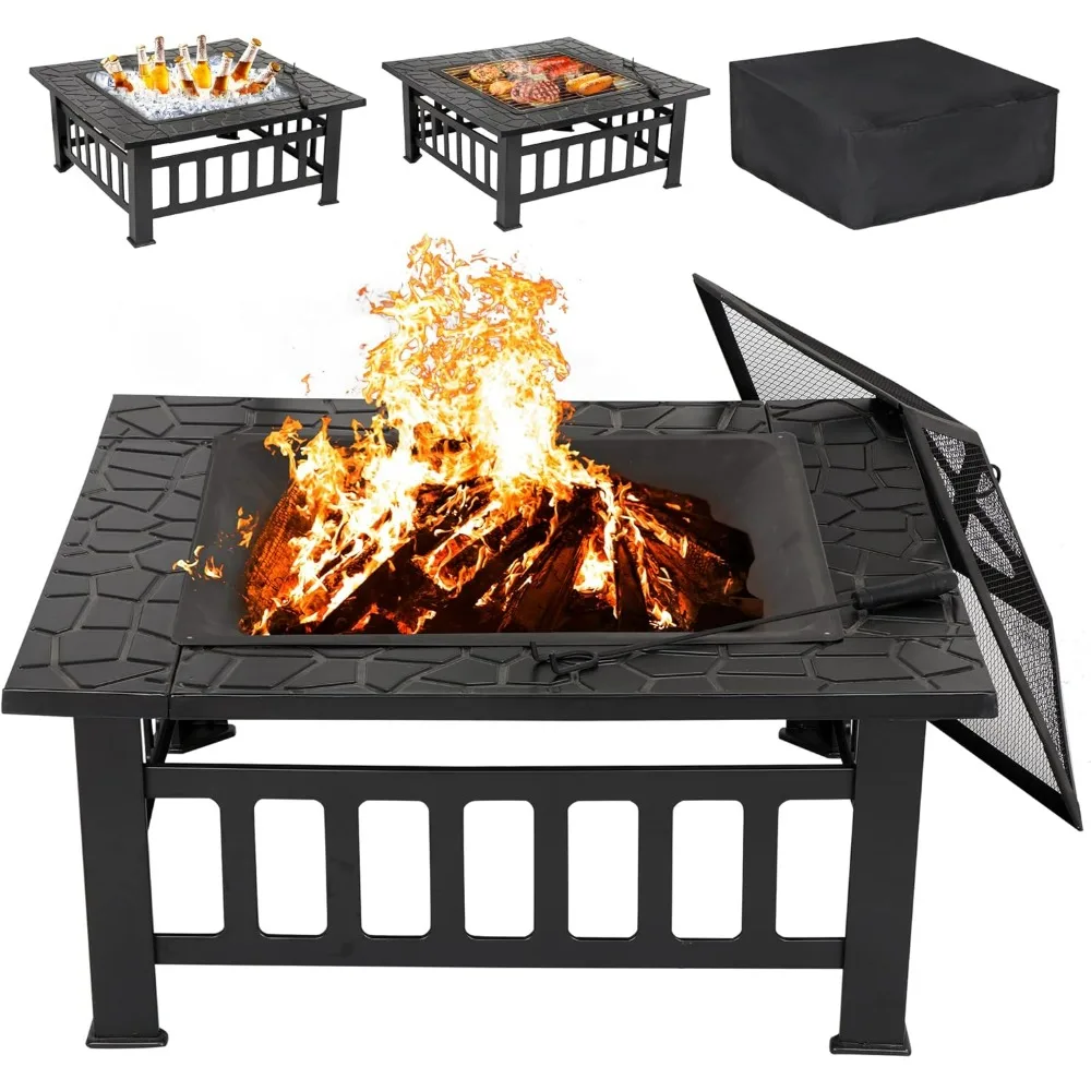LEMY 32 Inch Outdoor Fire Pit Table, Wood Burning Firepit Stove with Lid for Camping&BBQ, Garden, Backyard