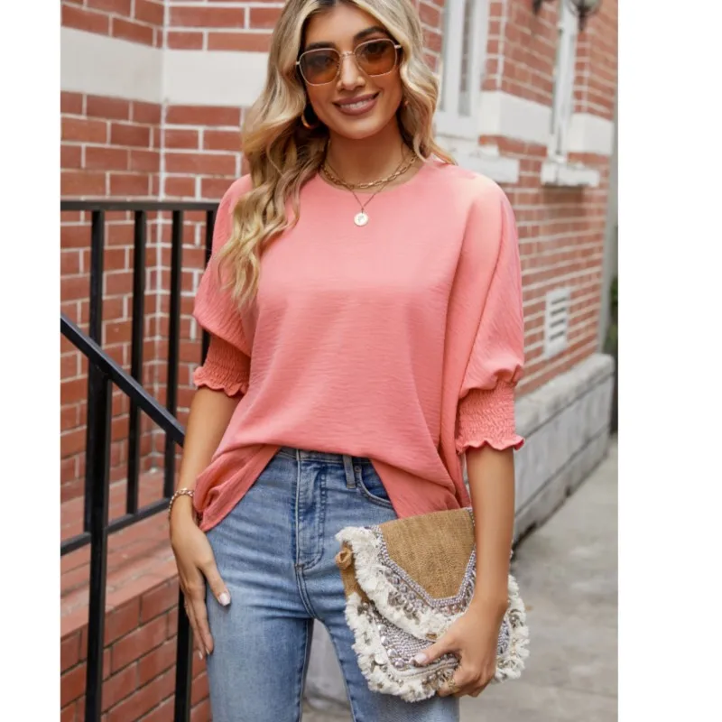 

2024 New Autumn fashion Shirts Blouse Women's Loose Casual Round Neck Pullover Tops Solid Half Sleeve Street Office Lady Shirts