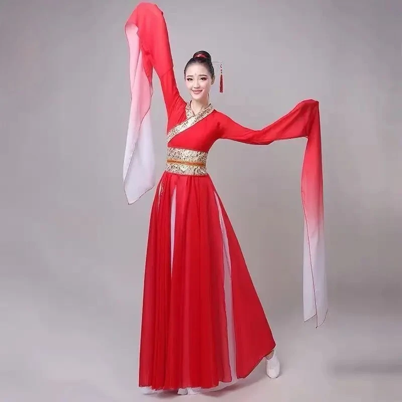 여성 전통 중국 민속 무용복 클래식 워터 슬리브 댄스 의상 한푸 무대 의상 공연 의상