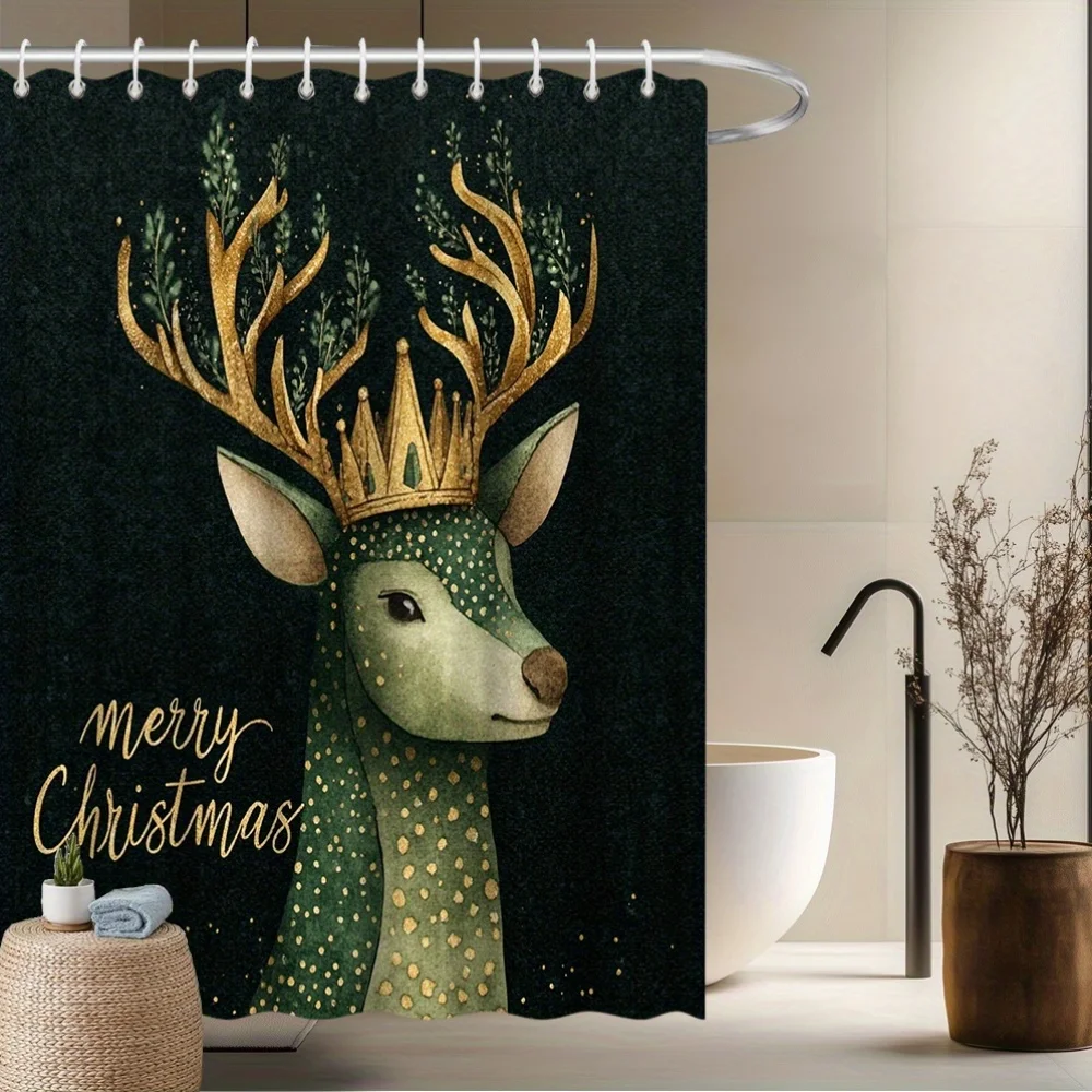 

1pc Festive Reindeer Shower Curtain with Golden Crown & Antlers - Green Deer Design, Polyester, Machine Washable, 59x70.8in