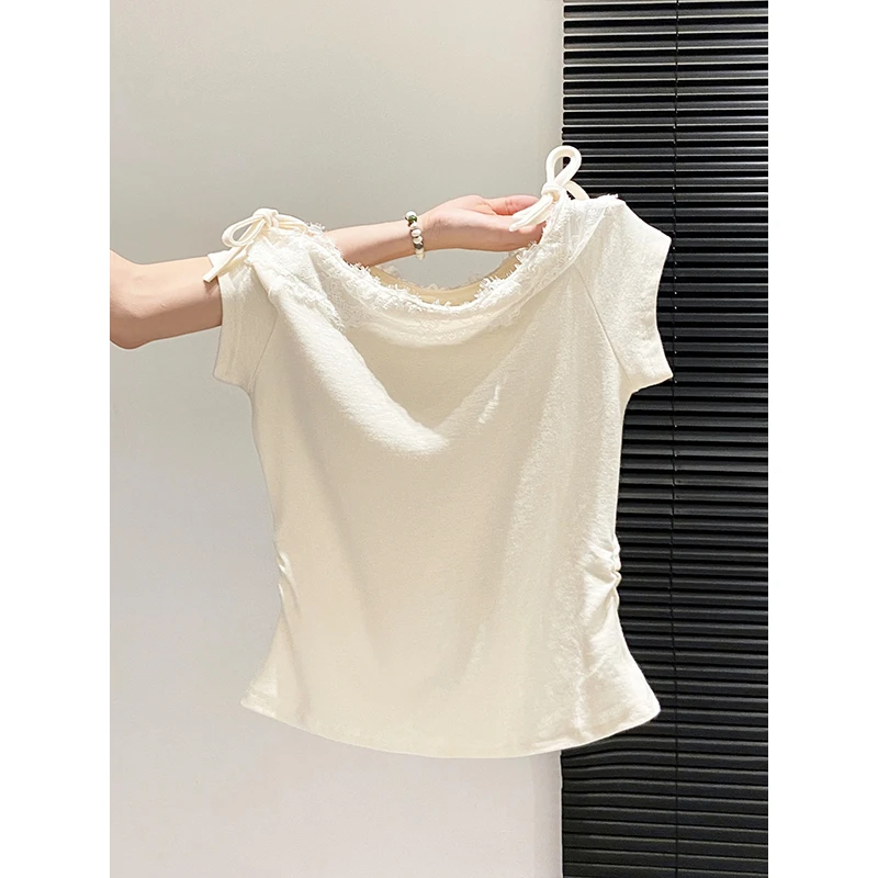 Women's Summer New Style Lace-up Short-Sleeved Shirt with One-shoulder, Fitted Waist, And Slim-fitting Top