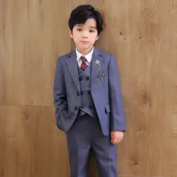 Children Formal Wedding Suit Kids Plaid Jacket Vest Pants Photograph Dress Boys Birthday Tuxedo Suit Children Graduation Costume