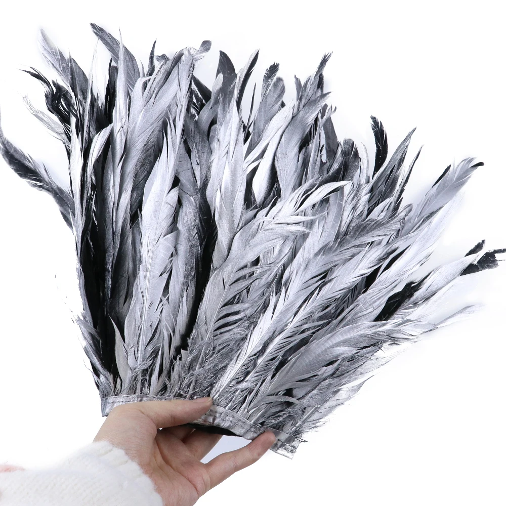 25-30CM 30-35cm Rooster Feathers Tail Trim Spray Silver/ Golden Chicken Cock Plumes Fringe For Needlework Clothing Decoration 1M