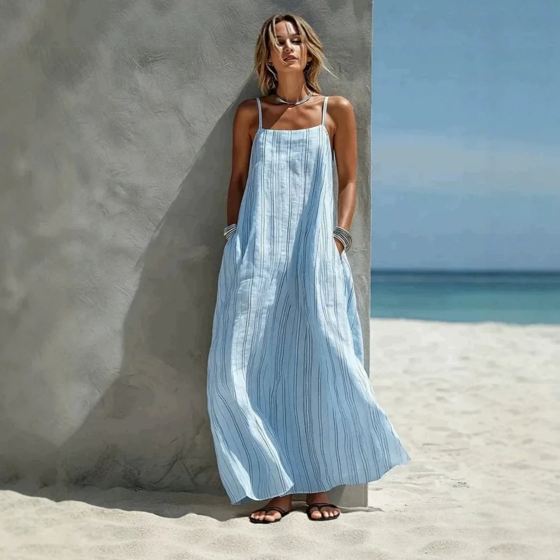 Damen Sommerkleid mit Streifen, Sexy Quadratischer Ausschnitt, Spaghetti-Träger, Lässiges Strandkleid, Modisches Vielseitiges Urlaubsoutfit