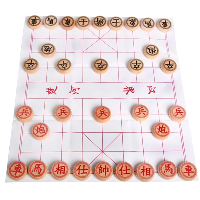 High-end Wooden Chinese Chess Large Pieces - Xiangqi Family Travel Board Game Set With PU Leather Checkerboard For 2 Players