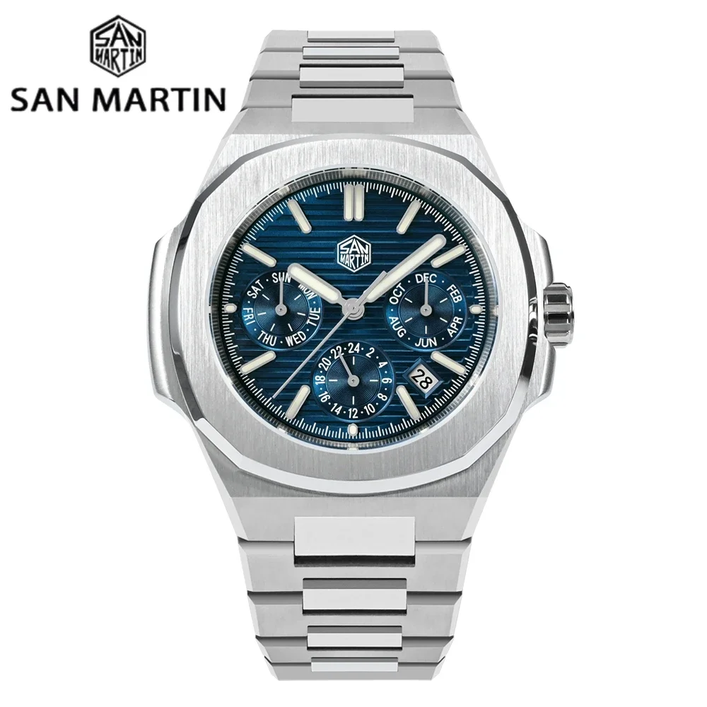 

San Martin 43mm Miyota 9120 Multi-function Men Luxury Dress Watch Waffle Texture Dial Business Automatic Mechanical 10Bar BGW-9