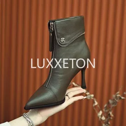 2024 Autumn and Winter Belt Buckle Stiletto Boots Short Boots European and American Fashion High-heeled Pointed Toe Riding Boots