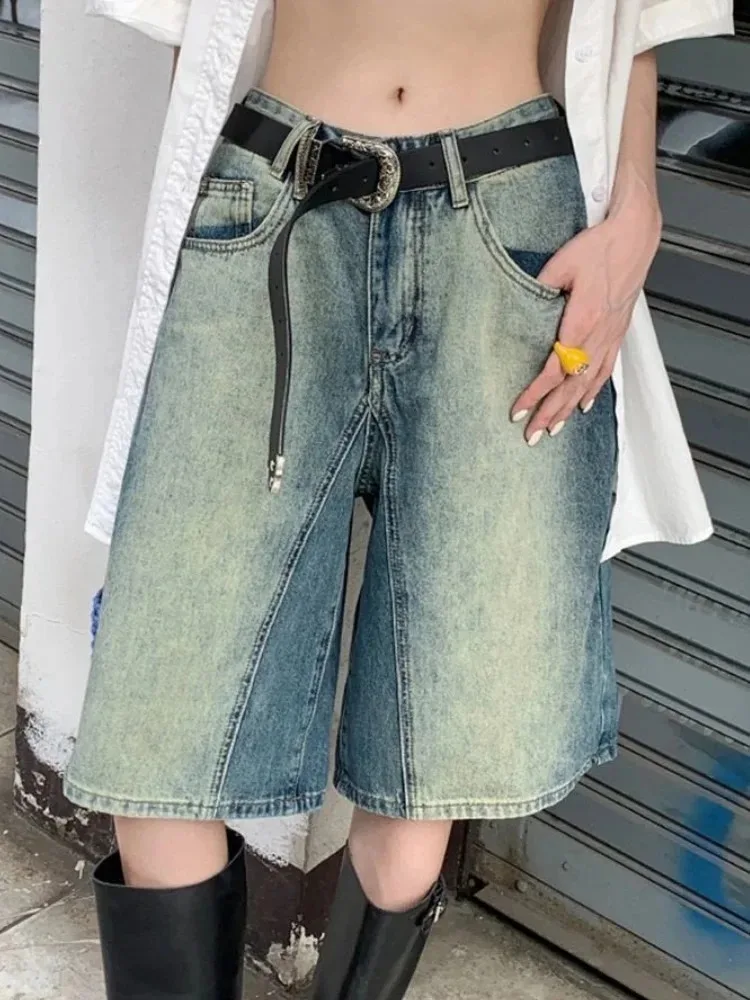 

New Straight Knee Length Shorts Y2k Grunge Fashion High Waist Loose Wide Leg Pants Woman Man Vintage Gradient Jeans Women Summer